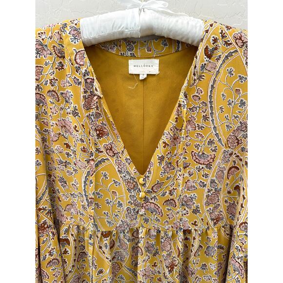 MELLODAY | Yellow Boho Floral Peasant Long Sleeve Babydoll Blouse | Small - Picture 4 of 8